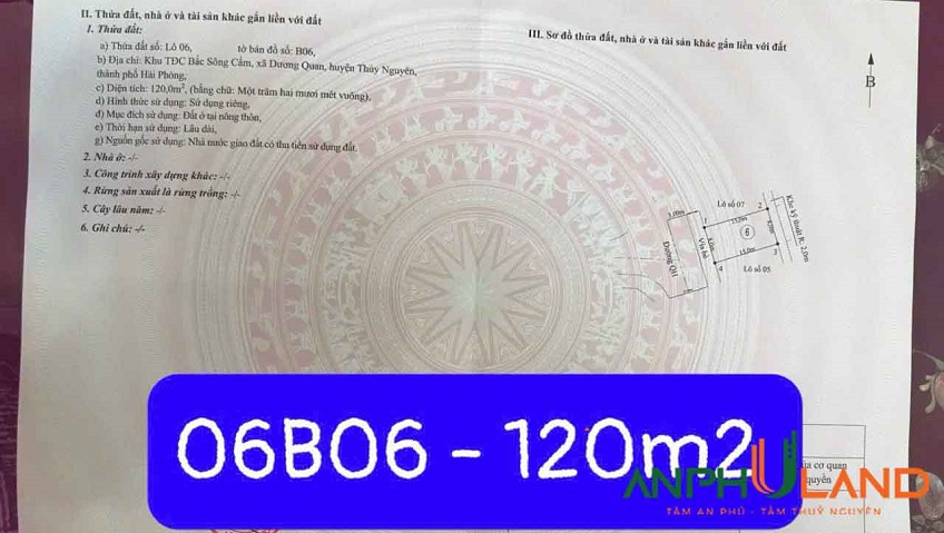 Cần bán lô đất TĐC khu B Bắc Sông Cấm, Phường Thủy Nguyên ( xã Dương Quan), TP Hải Phòng