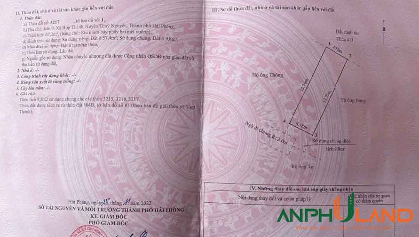 Chuyển nhượng lô đất tại TDP 9, Phường Lê Ích Mộc( xã Hợp Thành), TP Hải Phòng