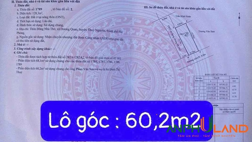 Cần bán lô góc hai mặt tiền tại phường Thủy Nguyên ( xã Dương Quan), TP Hải Phòng