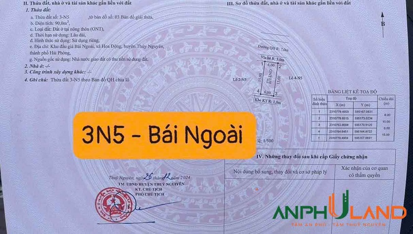 Cần bán duy nhất 1 lô 90 m2 đấu Giá Bái Ngoài, Phường Thủy Nguyên (xã Hoa Động), TP Hải Phòng