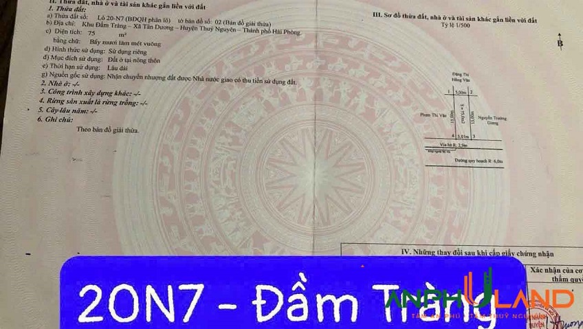 Cần bán lô đất khu Đầm Tràng, Phường Thủy Nguyên ( xã Tân Dương), TP Hải Phòng