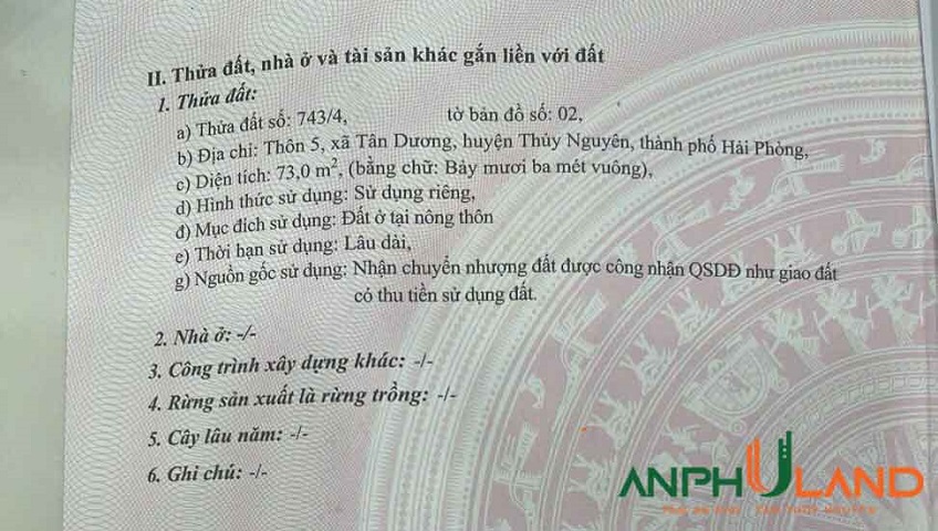 Cần bán siêu phẩm Phường Thủy Nguyên ( xã Tân Dương), TP Hải Phòng