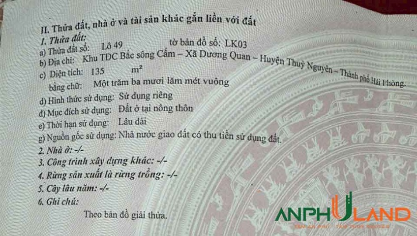 Chính chủ gửi bán lô biệt thự TĐC Áp Tràn, Phường Thủy Nguyên, TP Hải Phòng