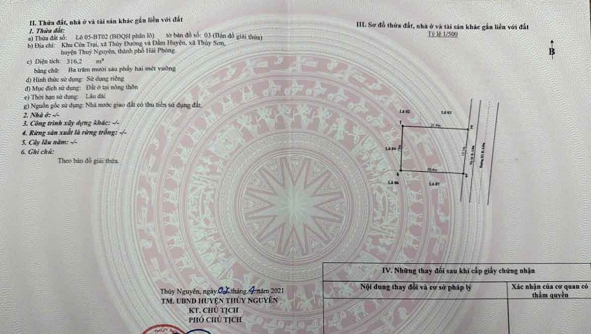 Cần bán lô biệt thự 316 m2 vị trí vàng tại khu dự án Cửa Trại, Phường Thủy Nguyên, TP Hải Phòng