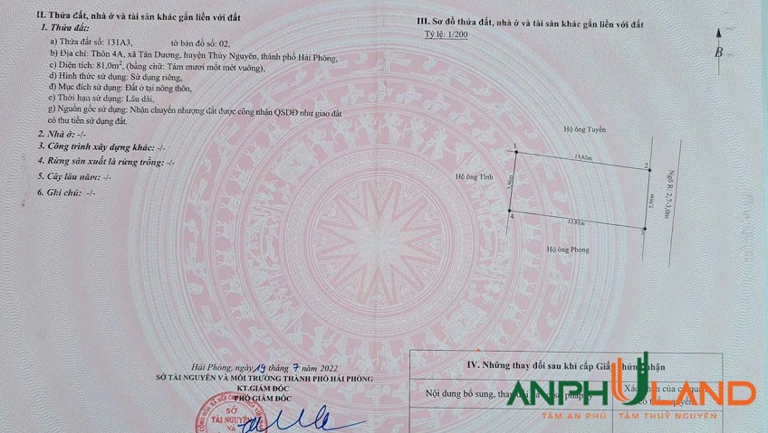Bán lô đất hàng hiếm tại phường Thuỷ Nguyên (Tân Dương), TP Hải Phòng