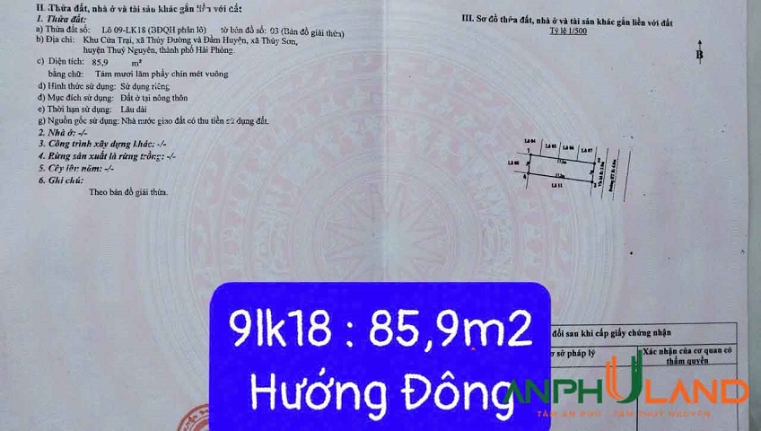 Bán đất đấu giá khu Cửa Trại, Phường Thủy Nguyên ( xã Thủy Đường), TP Hải Phòng
