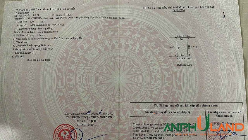 Cần bán lô đất khu TĐC Bắc Sông Cấm, Phường Thủy Nguyên ( xã Dương Quan), TP Hải Phòng