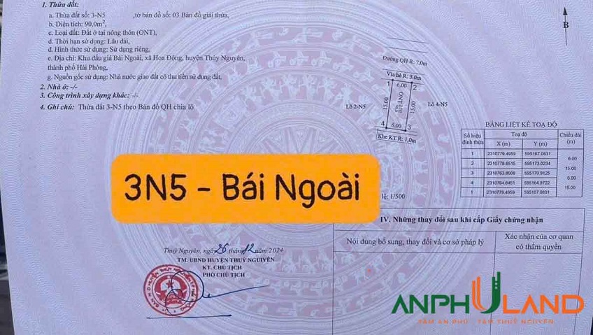 Cần bán duy nhất 1 lô 90 m2 đấu giá TDP Bái Ngoài, Phường Thủy Nguyên ( xã Hoa Động)