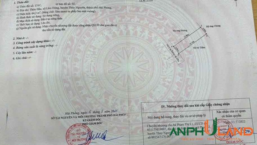 Cần bán lô đất 64 m2 tại TDP Hầu, Phường Thiên Hương ( xã Lâm Động), TP Hải Phòng