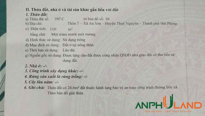Cần bán lô đất trục liên xã Việt Khê ( xã An Sơn), TP Hải Phòng