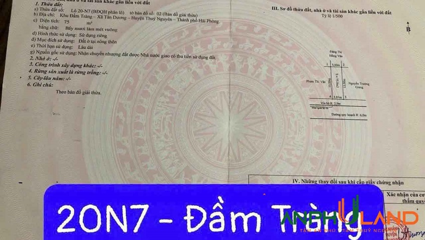 Cần bán lô đất tại Đầm Tràng, Phường Thủy Nguyên ( xã Tân Dương), TP Hải Phòng