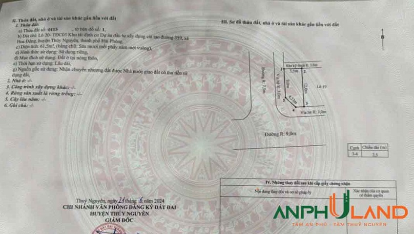 Cần bán lô góc 61.5 m2 tại TĐC phường Thủy Nguyên ( xã Hoa Động), TP Hải Phòng