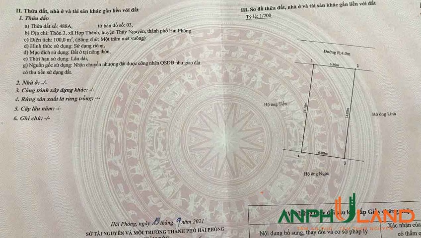 Cần bán lô đất 93 m2 mặt đường nhựa Phường Lê Ích Mộc ( xã Hợp Thành), TP hải Phòng