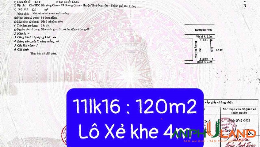 Cần bán lô đất tái định cư Áp Tràn, Phường Thủy Nguyên ( xã Dương Quan), TP Hải Phòng