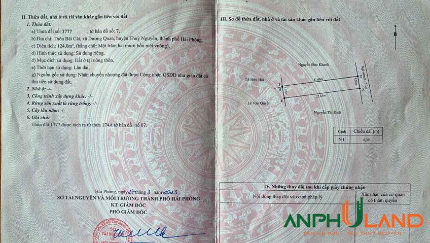 Cần bán lô đất đẹp tại TDP Bãi Cát, Phường Thủy Nguyên ( xã Dương Quan), TP Hải Phòng