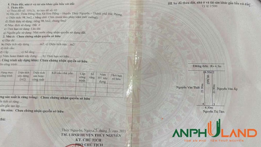 Bán lô đất 98,6m² vô cùng tiềm năng tại phường Thuỷ Nguyên (Hoa Động), TP Hải Phòng