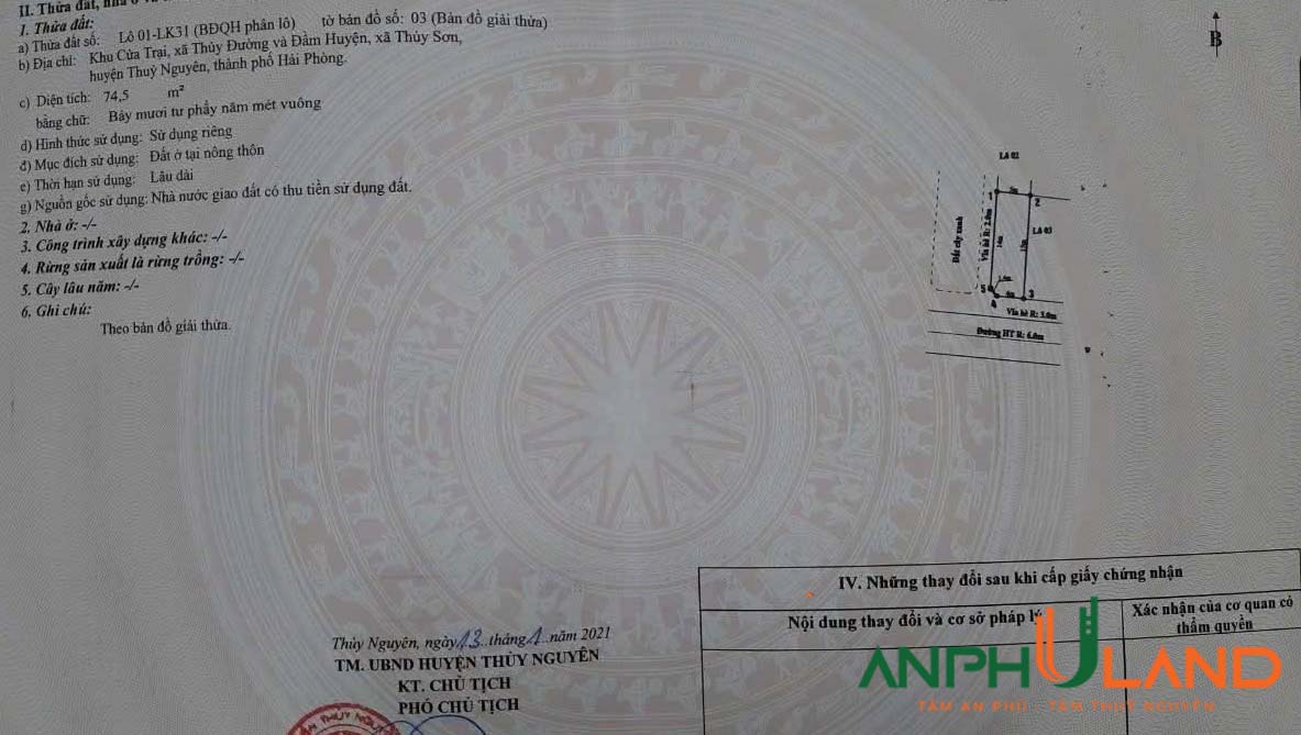 Bán lô đất xẻ khe khu đấu giá Cửa Trại, phường Thuỷ Nguyên, TP Hải Phòng