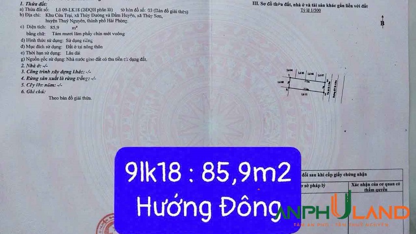 Cần bán lô đất đấu giá Cửa Trại, Phường Thủy Nguyên (xã Thủy Đường), TP Hải Phòng