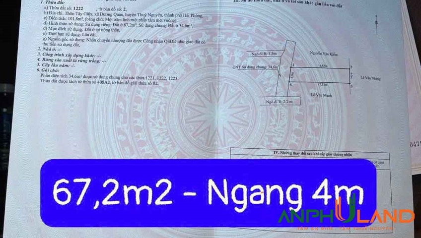  Bán 2 lô đất diện tích lớn cực hiếm tại TDP Tây Giữa, P. Thủy Nguyên ( xã Dương Quan), TP Hải Phòng