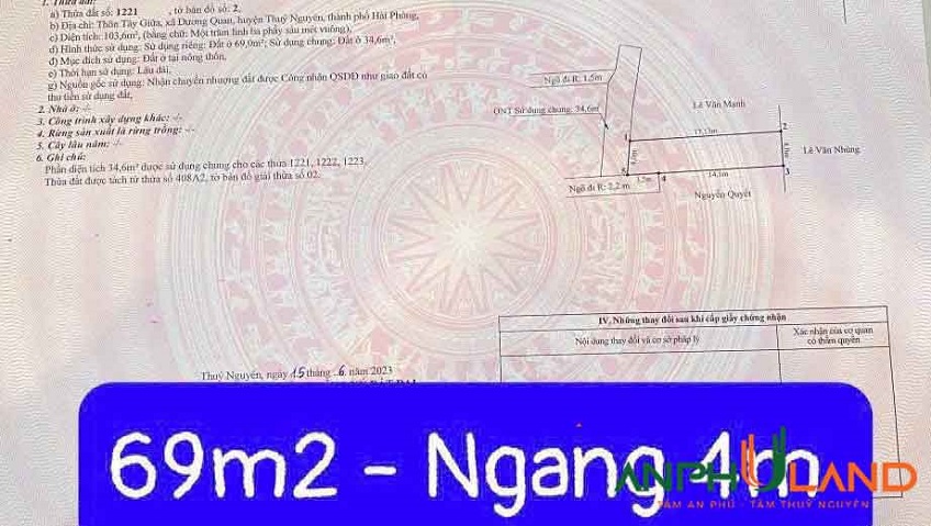  Bán 2 lô đất diện tích lớn cực hiếm tại TDP Tây Giữa, P. Thủy Nguyên ( xã Dương Quan), TP Hải Phòng