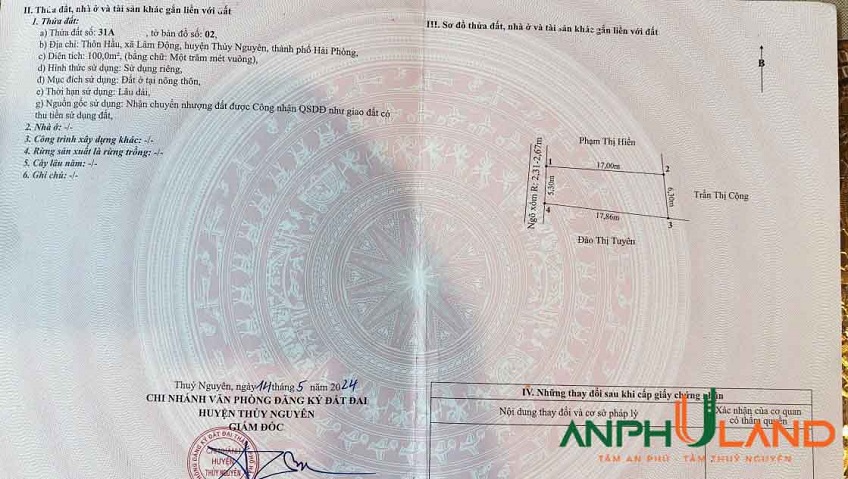 Chính chủ gửi bán lô đất sẵn bìa tại TDP Hầu, P. Thiên Hương ( xã Lâm Động), TP Thủy Nguyên