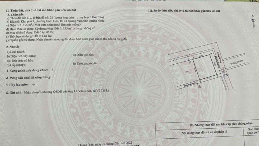 Bán lô góc 2 mặt tiền, khu phố 7, Nam Hòa (Phường Phong Cốc mới), Quảng Yên, Quảng Ninh