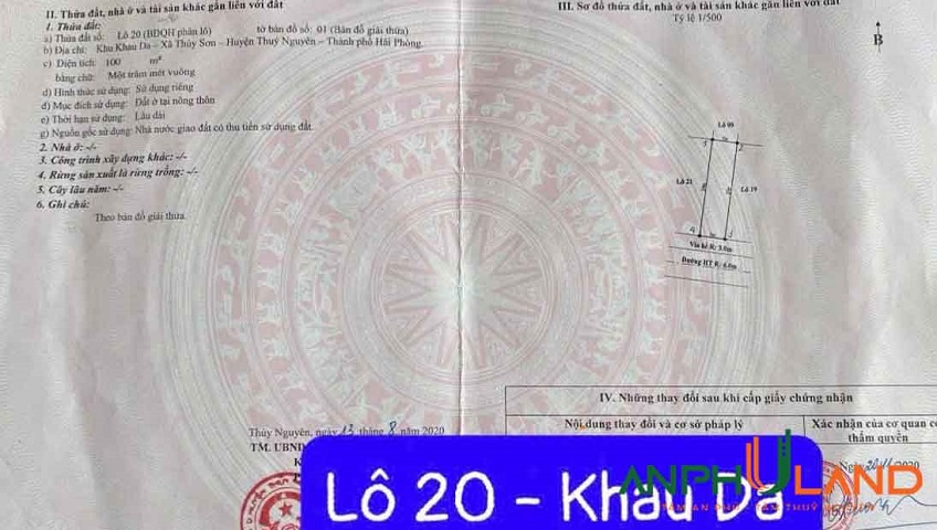 Chính chủ gửi bán lô 20 Khau Da, Phường Thủy Nguyên, TP Hải Phòng