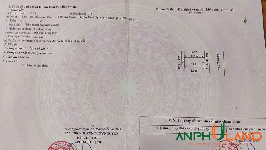 Cần tiền xây nhà lên bán đất phường Thủy Nguyên ( xã Dương Quan), TP Hải Phòng