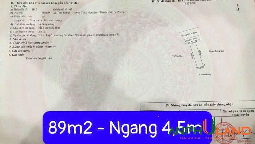 Chính chủ gửi bán lô đất 89m2 mặt đường 359 Phường Nam Triệu ( xã Tam Hưng), TP Hải Phòng