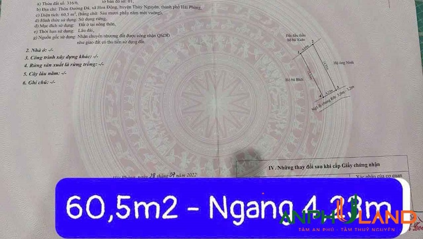  Bán lô đất có sẵn nhà cấp 4 tại TDP Đường Đá, Phường Thủy Nguyên ( xã Hoa Động), TP Hải Phòng