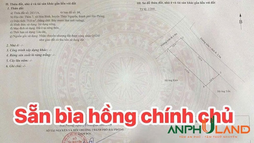 Chủ cần tiền bán gấp lô đất mặt đường phường Hoà Bình, TP Hải Phòng