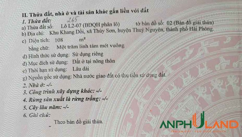 Cần bán lô đất đấu giá Khang Dồi, Phường Thủy Nguyên ( xã Thủy Sơn), TP Hải Phòng