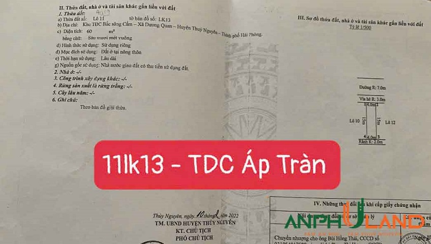 Cần bán lô đất TĐC Áp Tràn, Phường Thủy Nguyên ( xã Dương Quan), TP Hải Phòng