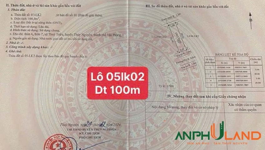 Duy nhất 1 lô hướng Nam khu đấu giá Thuỷ Triều, phường Hoà Bình, TP Hải Phòng