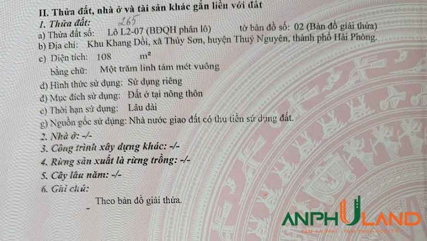 Cần bán lô đất đấu giá Khang Dồi, Phường Thủy Nguyên, TP Hải Phòng