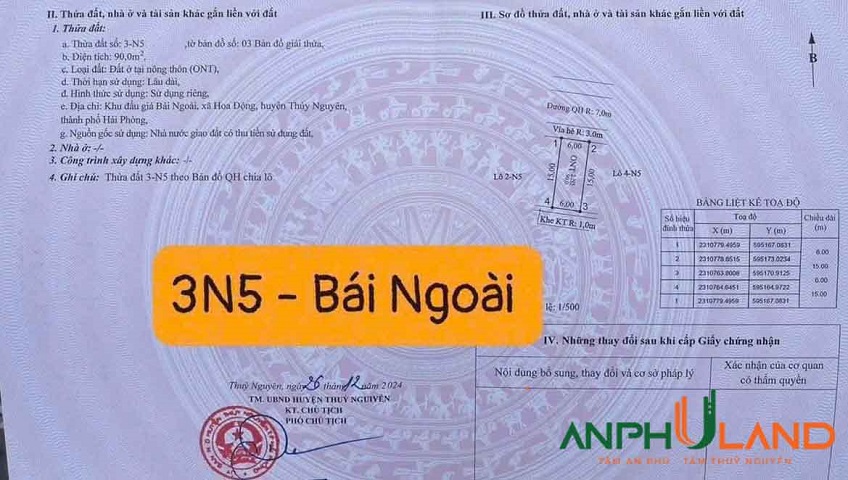 Cần bán duy nhất 1 lô 90m2 đấu giá TDP Bái Ngoài, Phường Thủy Nguyên, TP Hải Phòng