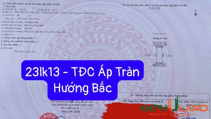 Bán lô đất dãy LK13 khu TĐC Áp Tràn, phường Thuỷ Nguyên, TP Hải Phòng
