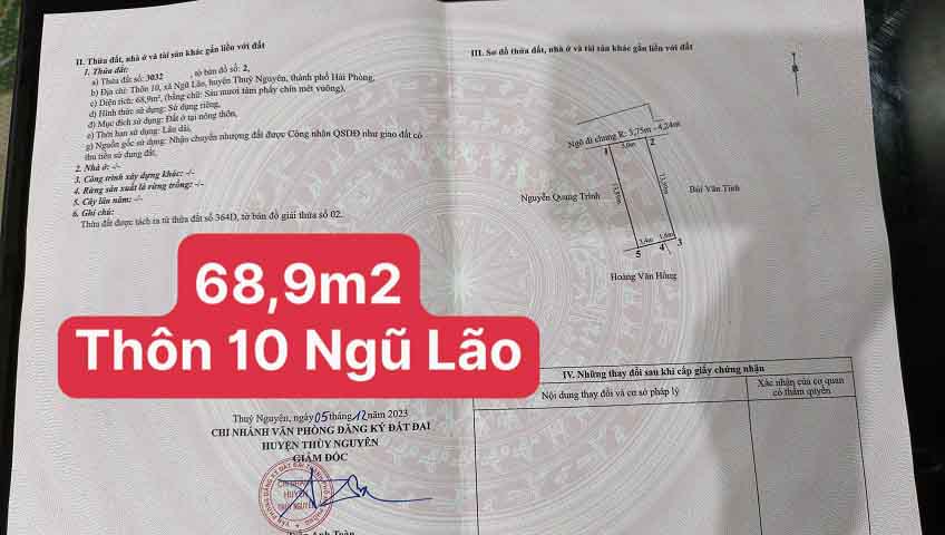 Chính chủ gửi bán lô đất tại TDP Khuông Lư,  Phường Bạch Đằng ( xã Ngũ Lão), TP Hải Phòng