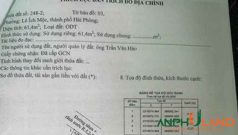 Chào bán 01 phường Lê Ích Mộc (xã Hợp Thành), TP Hải Phòng