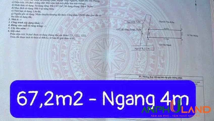 Bán 2 lô diện tích lớn cực hiếm tại TDP Tây Giữa, P. Thủy Nguyên ( xã Dương Quan), TP Hải Phòng