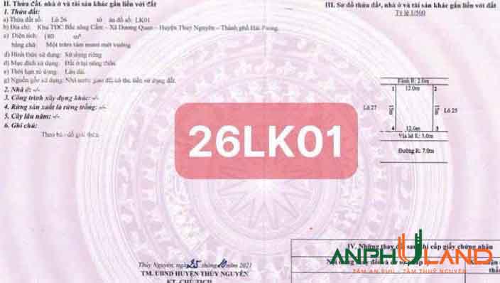 Cần bán lô TĐC Áp Tràn, Phường Thủy Nguyên ( xã Dương Quan), TP Hải Phòng