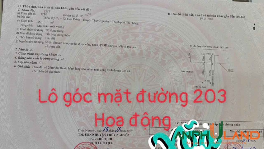 Cần bán lô góc mặt đường 203 phường Thủy Nguyên ( xã Hoa Động), TP Hải Phòng