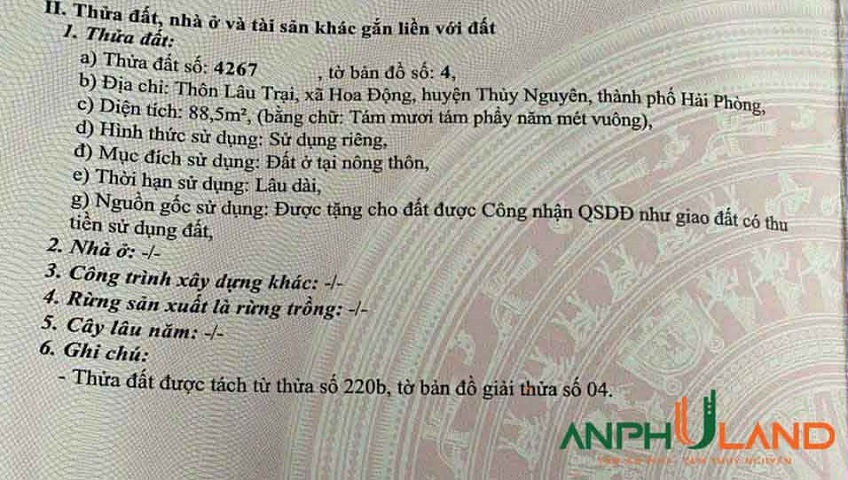 Bán lô 88.5m² trục trải nhựa thông tại trung tâm P. Thủy Nguyên ( xã Hoa Động), TP Hải Phòng