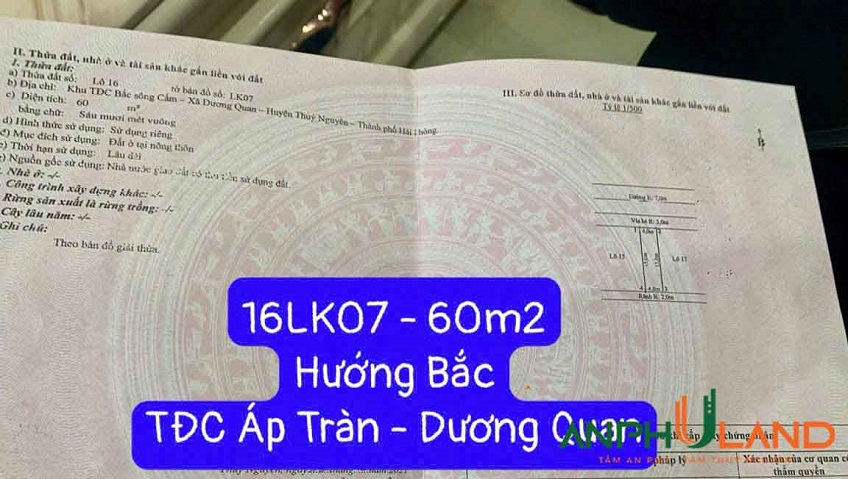 Cần bán lô đất TĐC Áp Tràn LK 07, Phường Thủy Nguyên, TP Hải Phòng