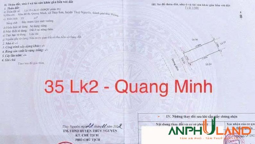 Chủ gửi bán lô 35LK02 75m² KĐT Quang Minh, phường Thuỷ Nguyên, TP Hải Phòng