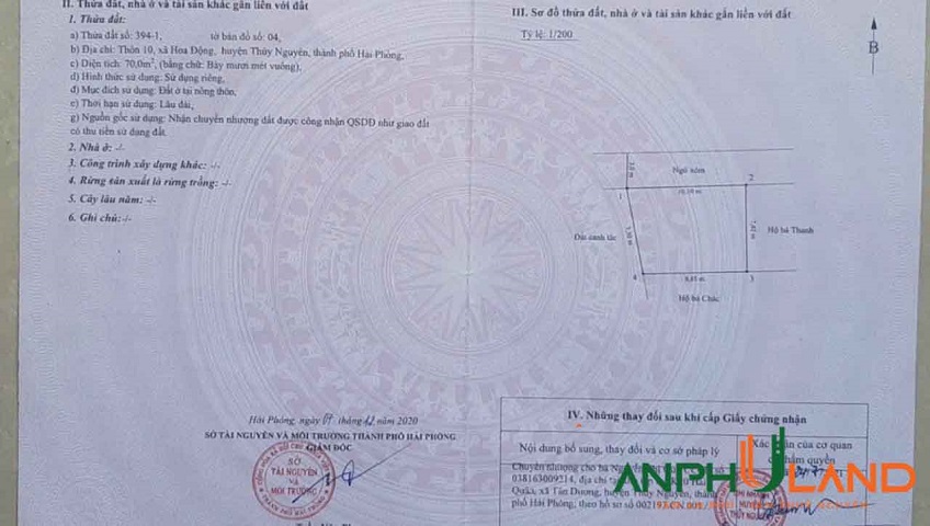 Cần bán lô đất TDP 10, Phường Thủy Nguyên ( xã Hoa Động), TP Hải Phòng