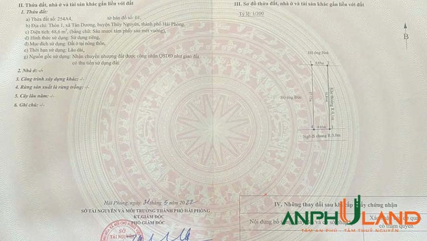 Bán lô đất 68,6m² phường Thuỷ Nguyên (Tân Dương), TP Hải Phòng