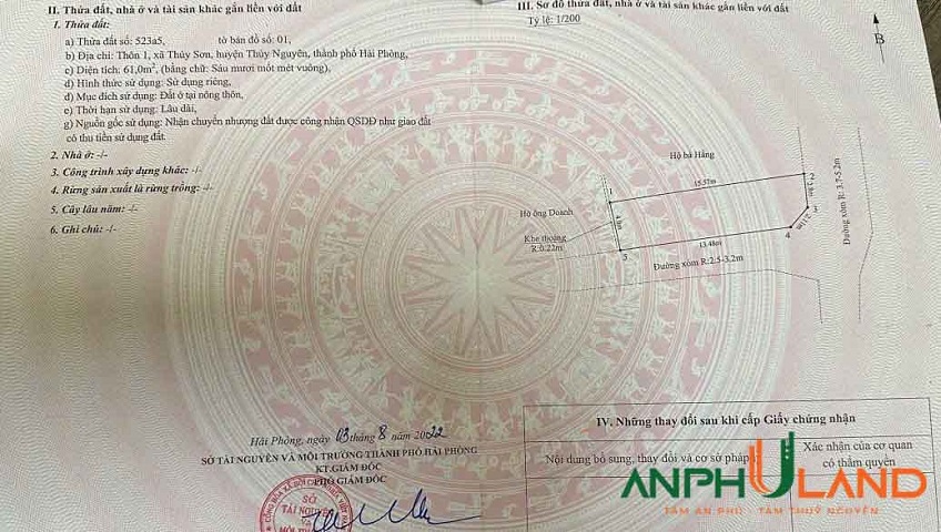 Cần bán lô góc 61 m2, trục đường trải nhựa TDP 1, Phường Thủy Nguyên, TP Hải Phòng