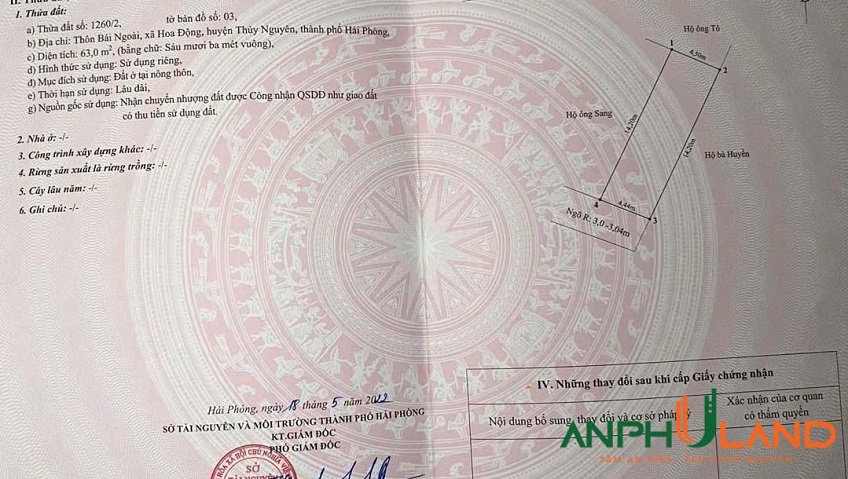 Bán lô đất giá cực sốc 63m² tại TDP Bái Ngoài, phường Thuỷ Nguyên, TP Hải Phòng