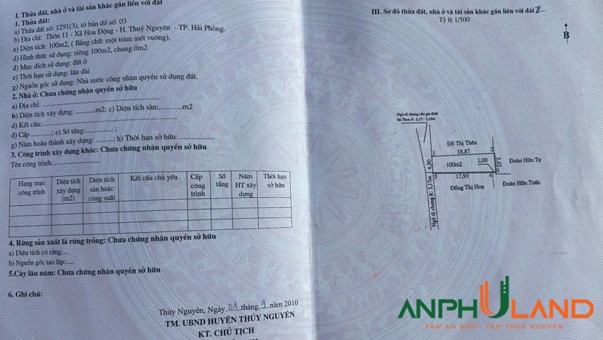 Bán lô đất 100m² tại phường Thuỷ Nguyên (Hoa Động), TP Hải Phòng